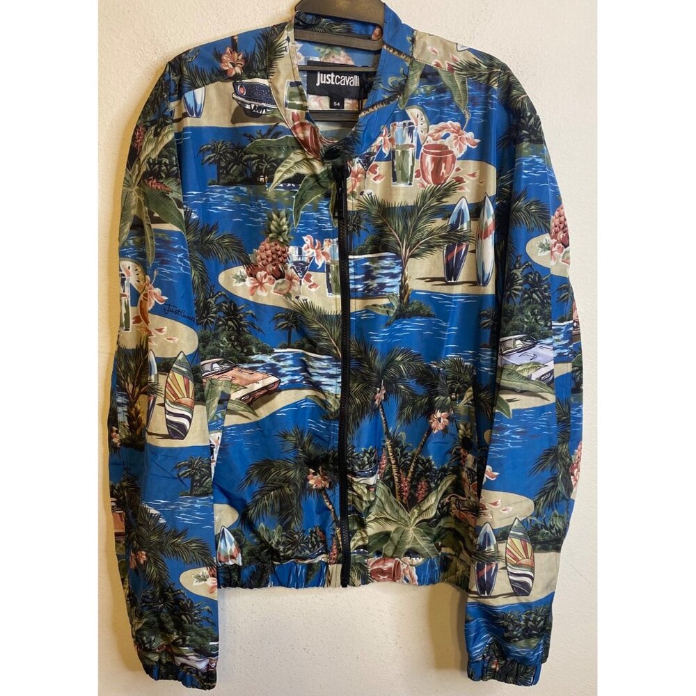 NEW JUST CAVALLI Bomber Jacket Retro Cars Palm Surfboard RARE HTF 2XL Italy